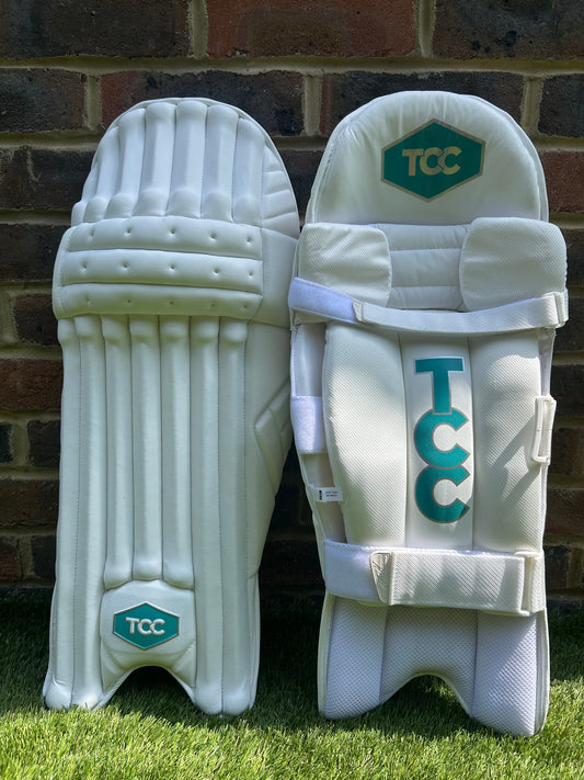 TCC Premium Batting Pads White with Teal Logo classified as Small mens or Ladies in size